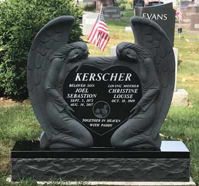 Double Angel Heart Upright Granite Headstone with laser etched portrait